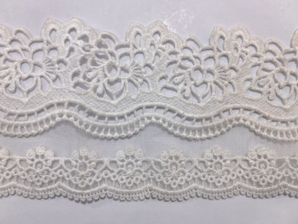 3D Milky White Lace.Lace size is approximately 3.75-4Inch. The Lace is available as per yard.