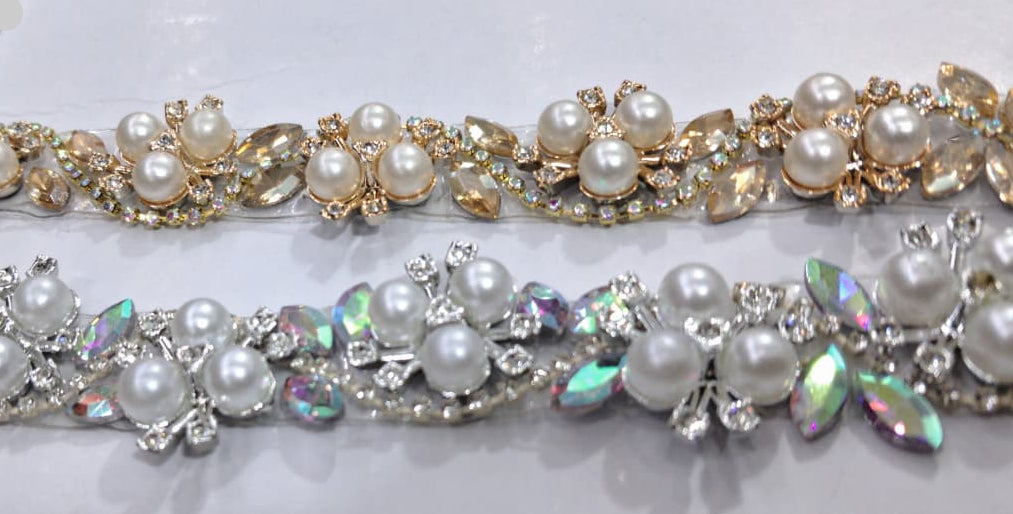 Premium Pearl & Crystal Embellished Lace. Lace is available as per yard.