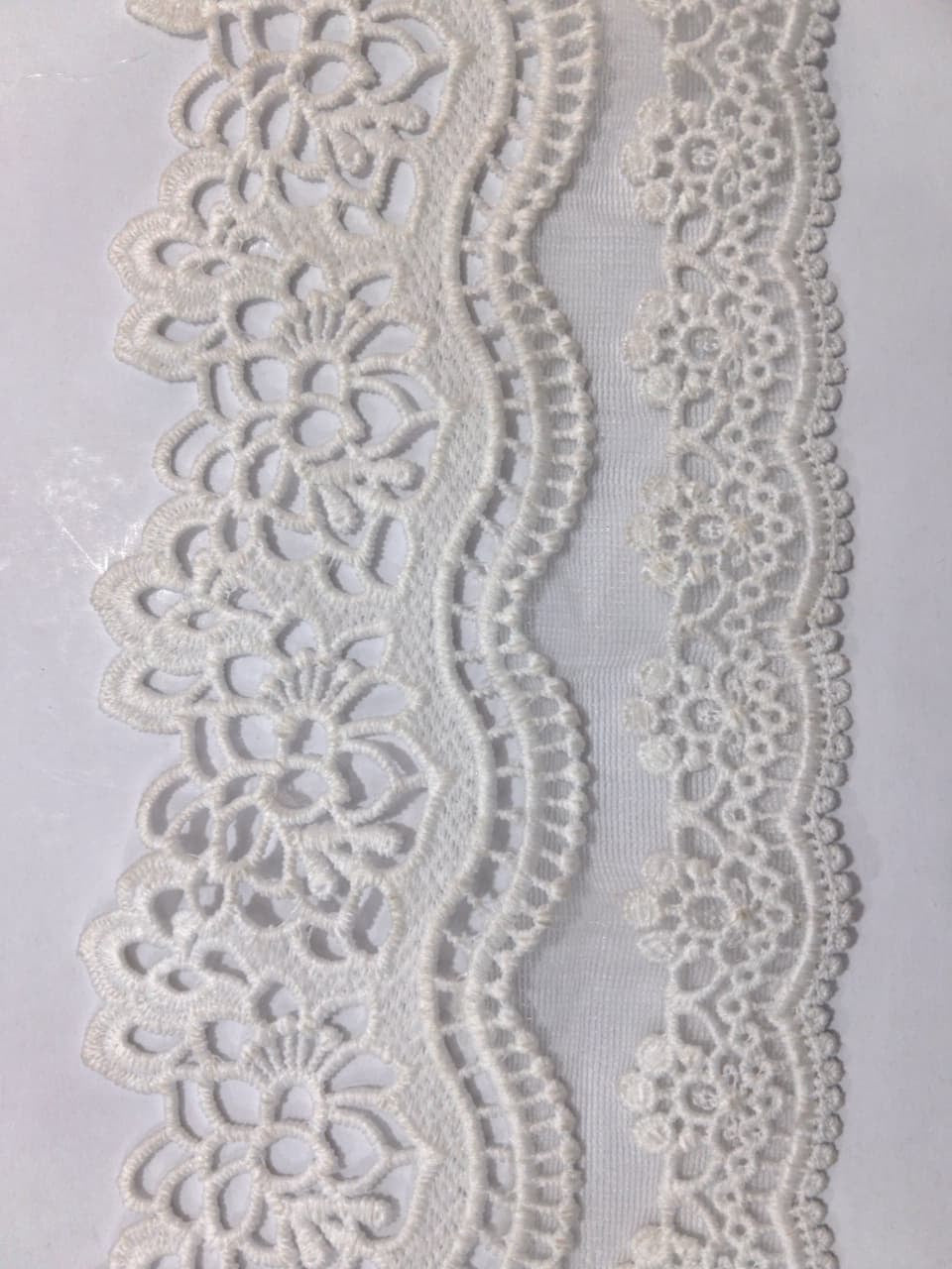 3D Milky White Lace.Lace size is approximately 3.75-4Inch. The Lace is available as per yard.