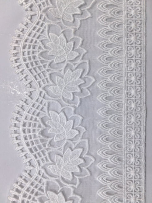 3D Milky White Lace. Lace size is approximately 4.25-4.95 inches. Lace is available as per yard.