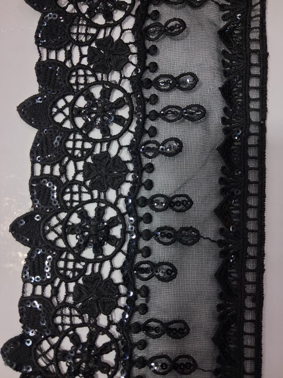 3D Fancy Sequence Milky White Lace. Lace sixe is approximately 4.25-4.5 inches. Lace is available as per yard.