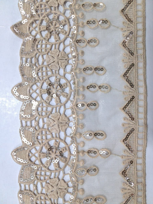3D Fancy Sequence Milky White Lace. Lace sixe is approximately 4.25-4.5 inches. Lace is available as per yard.