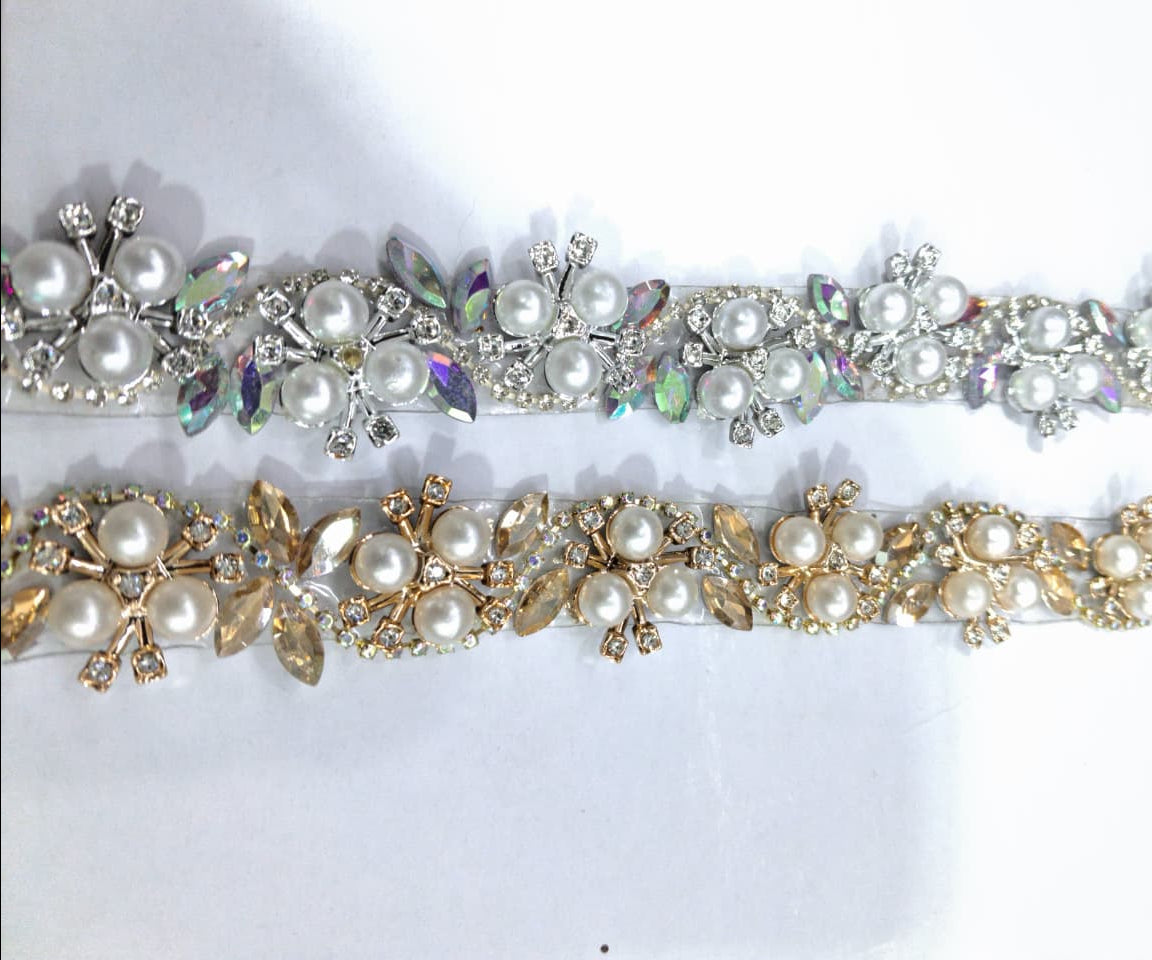 Premium Pearl & Crystal Embellished Lace. Lace is available as per yard.