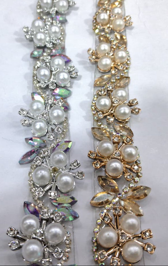 Premium Pearl & Crystal Embellished Lace. Lace is available as per yard.