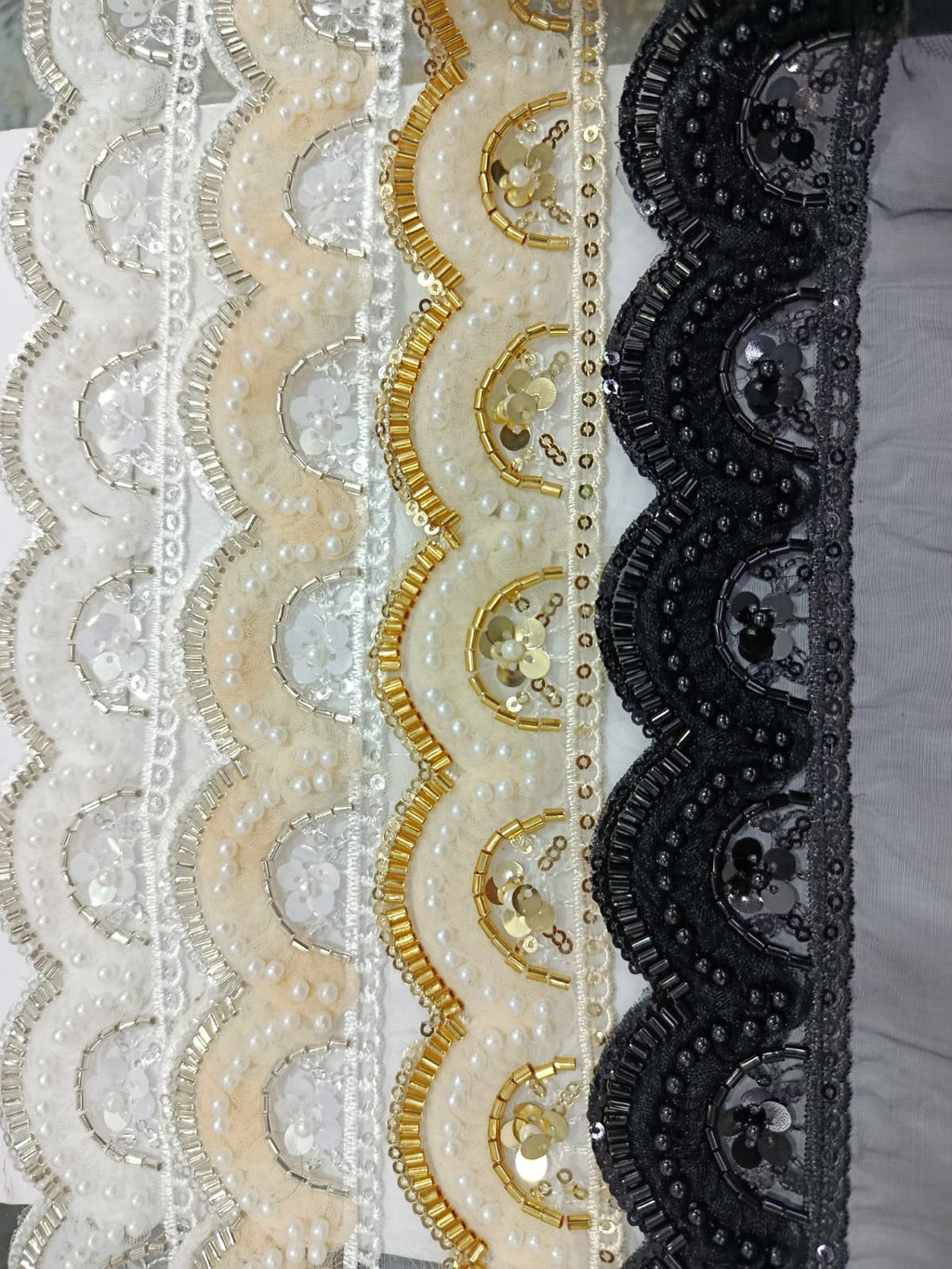 Fancy Pearl Stone Lace. Available in 4 colours. Lace is available as per yard.
